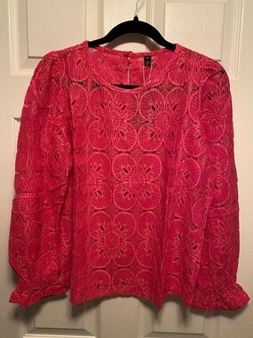 Luxveer Hot Pink Crochet Floral Lace Long Sleeve Blouse…size M